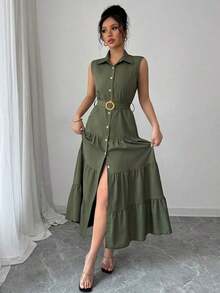 Women's Single-Breasted Sleeveless Shirt Dress With Ruffled Hem In Solid Color - Army Green - View 1