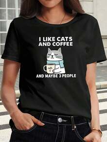 Nuevas llegadas para el verano. Camiseta de Mujer con Estampado de Gato y Café - Cómoda y Transpirable, Elasticidad Media, Estampado Divertido, Textura Suave, Top Casual de Manga Corta con Cuello Redondo Clásico, Ropa Sencilla para Mujer de Verano y Primavera, Lavable a Máquina, Imprescindible para Amantes de la Moda. Blusa, Camisa > Hermosa. - Negro - Ver 11