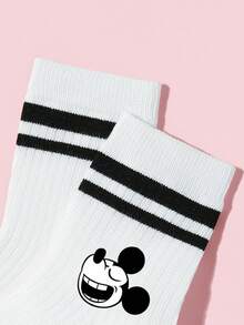 Disney 1/5双装迪士尼袜子，春夏校园风双条纹设计，俏皮卡通米奇黑色图案点缀，休闲百搭柔软中筒袜，简约时尚透气吸湿运动袜，适合休闲活动、节日礼物、户外旅行、日常生活、返校季穿着。 - 彩色 - 查看 4