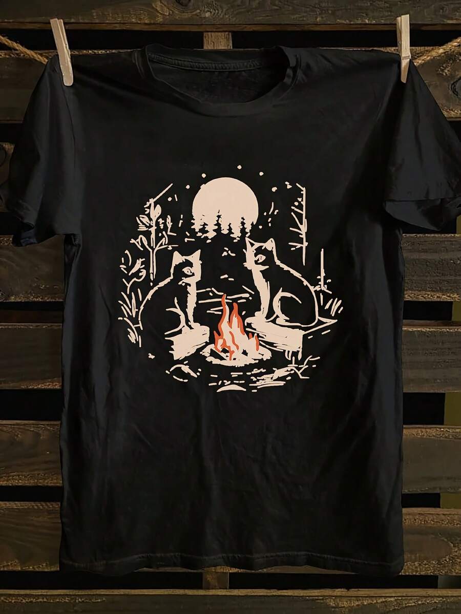 Camiseta casual de mujer con estampado de gato, top de manga corta y cuello redondo, diseño único de luna y gato, adecuada para primavera y verano, blusas para mujer, playeras de mujer, tops, blusa, top, playeras. - Negro - Ver 1