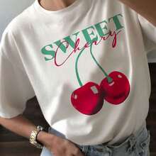 YOCASA Women's Casual Summer T-Shirt, Round Neck, Fitted Short Sleeve, With Oil Painting Print, Floral, Heart, Cherry And Letter Patterns. Simple Casual Fabric, Sporty Style, Ideal For Everyday Wear And Valentine's Day Dates. - 白 - 查看 7