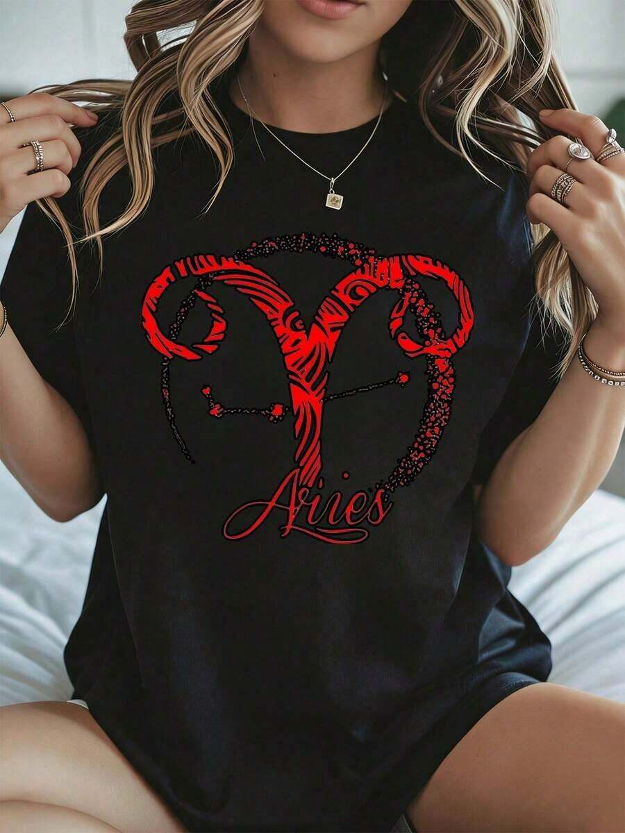 Elegante y casual para mujer, manga corta, camiseta blanca con estampado del signo zodiacal Aries para mujer, ropa casual, top de moda de verano. - Negro - Ver 1
