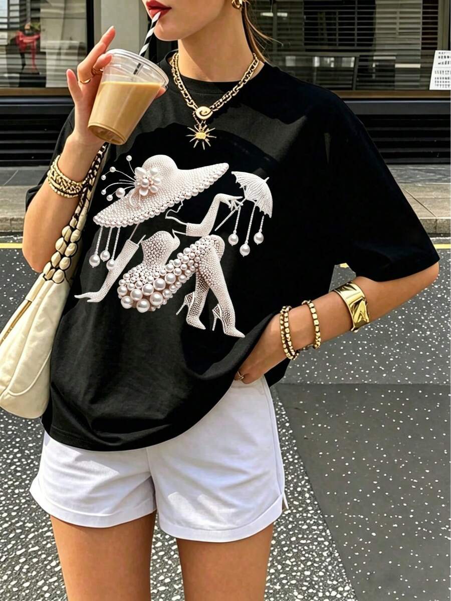 女士珍珠艺术图案T恤，优雅廓形印花T恤，柔美短袖休闲上衣，黑色夏季款