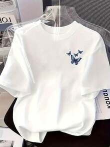 Camiseta Blanca para Mujer con Estampado de Mariposa Azul| Suave, transpirable, de corte holgado, cuello redondo, manga corta, camisa casual y de fiesta, ropa casual para todas las estaciones, corte en H, camiseta resistente a las arrugas, adecuada para bodas, trajes y para usar en capas. - Blanco - Ver 7