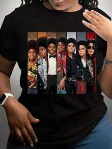 Women's Casual Crew Neck Short Sleeve T Shirt, Iconic Pop Legend Different Career Stages Portrait Graphic Print, Versatile Comfortable Daily & Sports Wear Top, Perfect Gift Choice - Negro - Ver 6