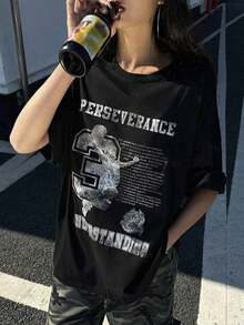 Women's Printed Loose Short Sleeve T-Shirt, Casual & Stylish For Everyday Wear Graphic Tee-Vintage Street Style Unisex Loose Cotton Short Sleeve Crew Neck T-Shirtblusas para mujer. blusas.blusas casuales para dama. - Negro - Ver 4