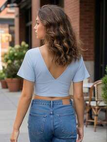Womens Crop Tops Short Sleeve Deep V Neck Slim Fitted Solid Color Ruched Summer Shirts - Azul - Ver 5