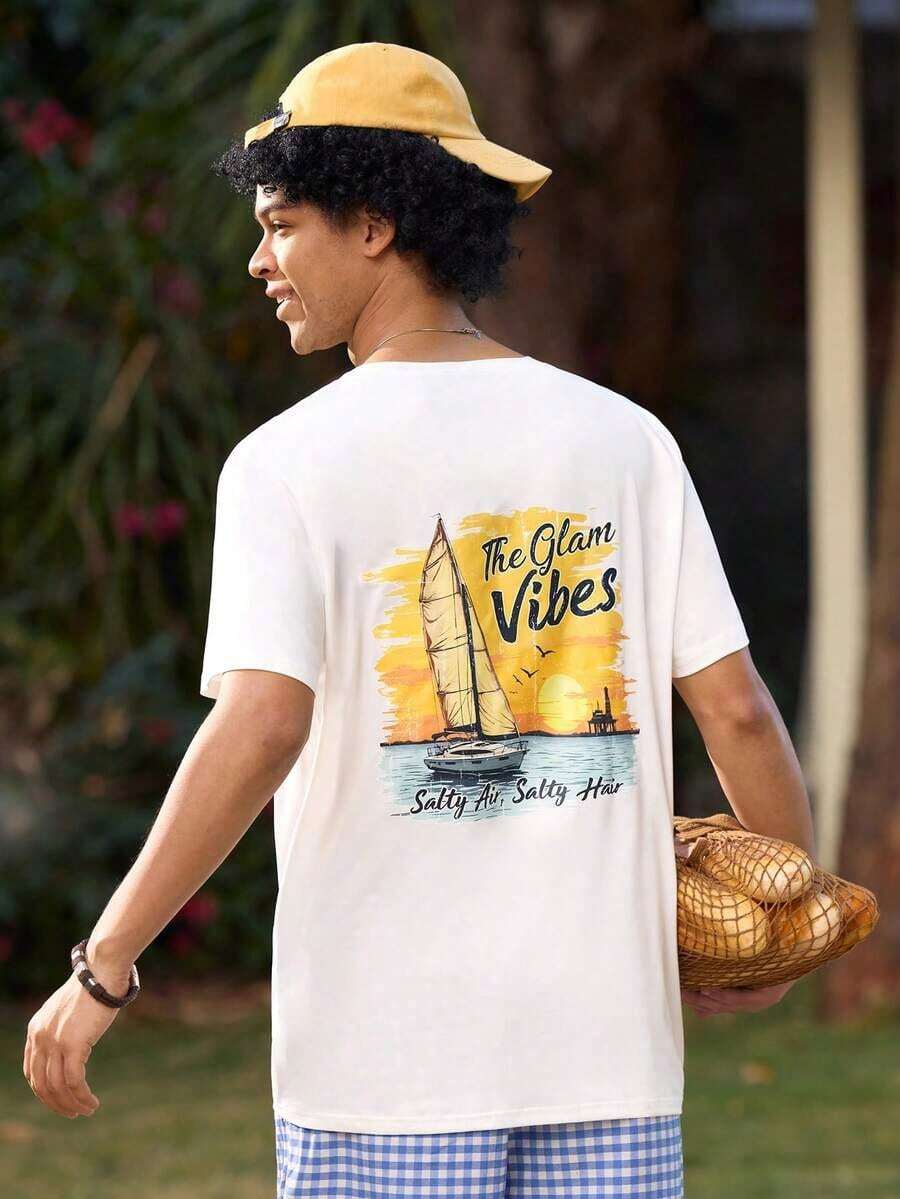 Camiseta de manga corta para hombre con estampado náutico vintage, cómoda y transpirable, adecuada para el verano, liderando la de la moda, estilo vintage americano, unisex, de corte holgado, ropa de verano--ideal para uso diario y vacaciones de verano. 100% Algodón. - Blanco - Ver 1