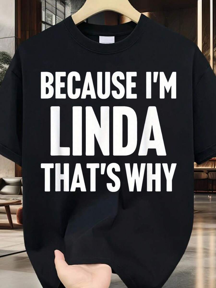 Camiseta con estampado "Porque soy Linda, soy famosa" - camiseta de manga corta con cuello redondo de tela gruesa, base negra con estampado blanco, color sólido, camiseta de mujer, de alta calidad, camiseta de mujer. - Negro - Ver 1