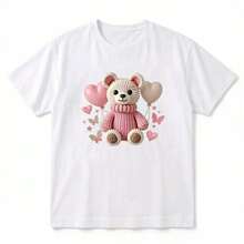 Women's Soft T-Shirt with Adorable Teddy Bear & Balloon Print – Short Sleeve, Casual Round Neck Top, Lightweight  for Casual Attire, Casual Daily Wear |   Girly Casual Style |   Comfortable Fit - Blanco - Ver 5