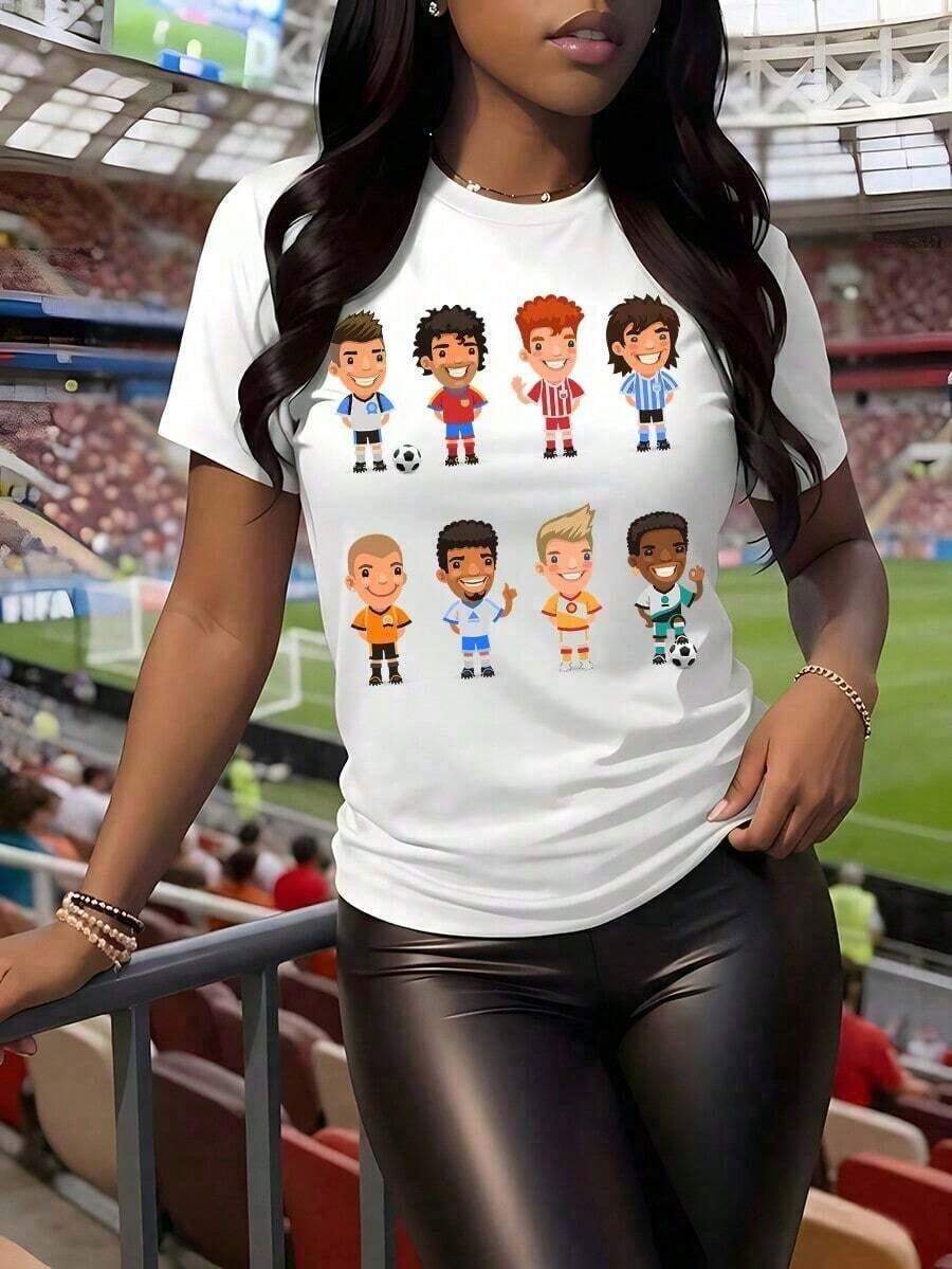 Camiseta 100% Algodón con Estampado de Personajes de Fútbol de Dibujos Animados, Temática de la Copa Mundial - Blanco - Ver 1