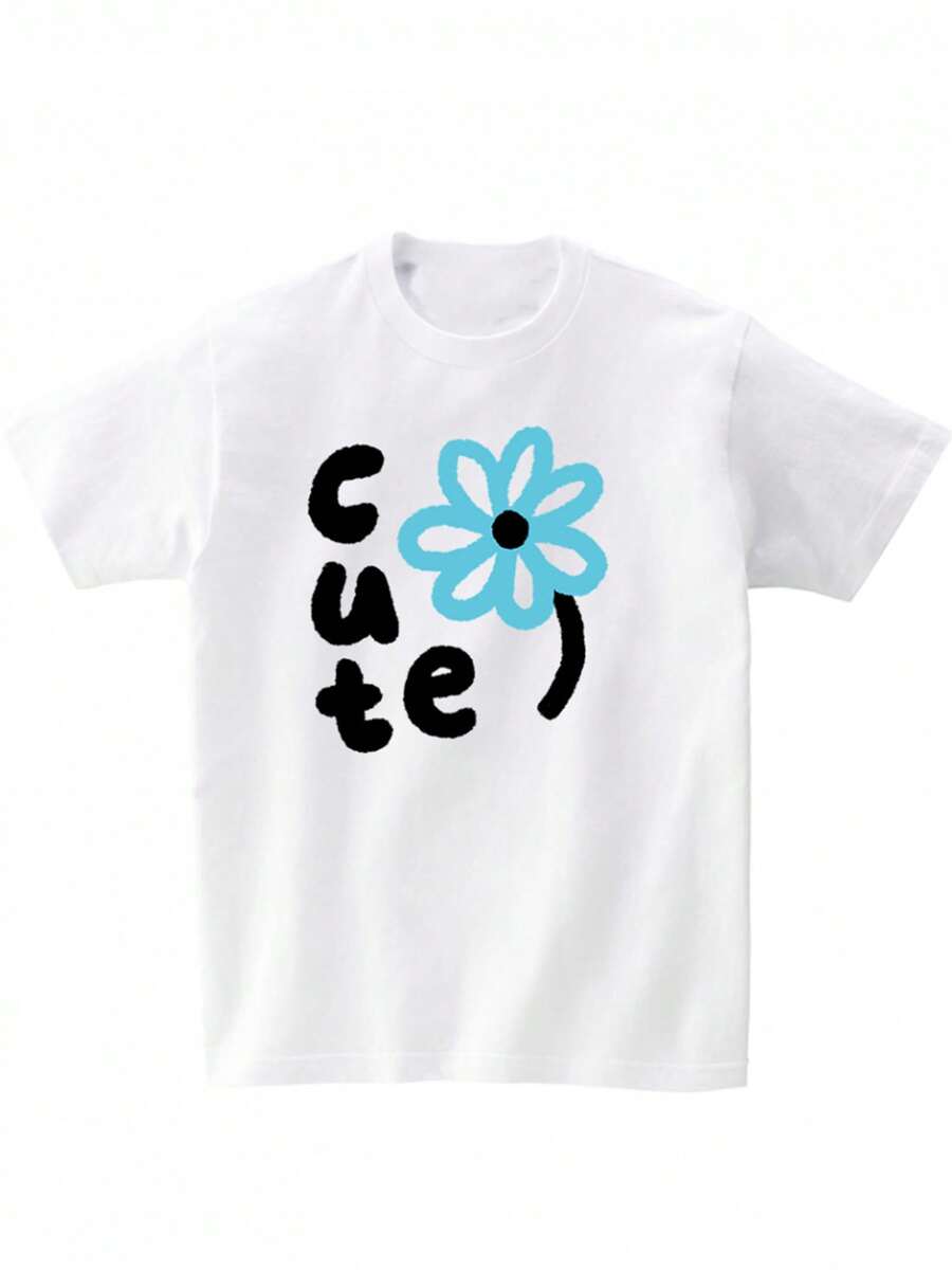 Minimalist. 1 Pack. 100% Cotton. New Spring/Summer 2026 Style With Dropped Shoulders, Beautiful, Elegant, For Young Women, Elegant Women's Clothing, Women's Short-Sleeved T-Shirt, Hand-Painted Blue Flowers, Creative Short-Sleeved T-Shirt With "Cute" Lettering. Cute And Simple Style, Comfortable And Skin-Friendly, Suitable For Everyday Casual Wear. Summery Crew Neck T-Shirt.