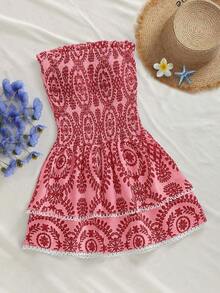 Vestido corto elegante bohemio de línea A con diseño de hombros abiertos, con volantes, cintura tableada elástica, corte hueco bordado y bajo con volantes - Multicolor 5 - Ver 11