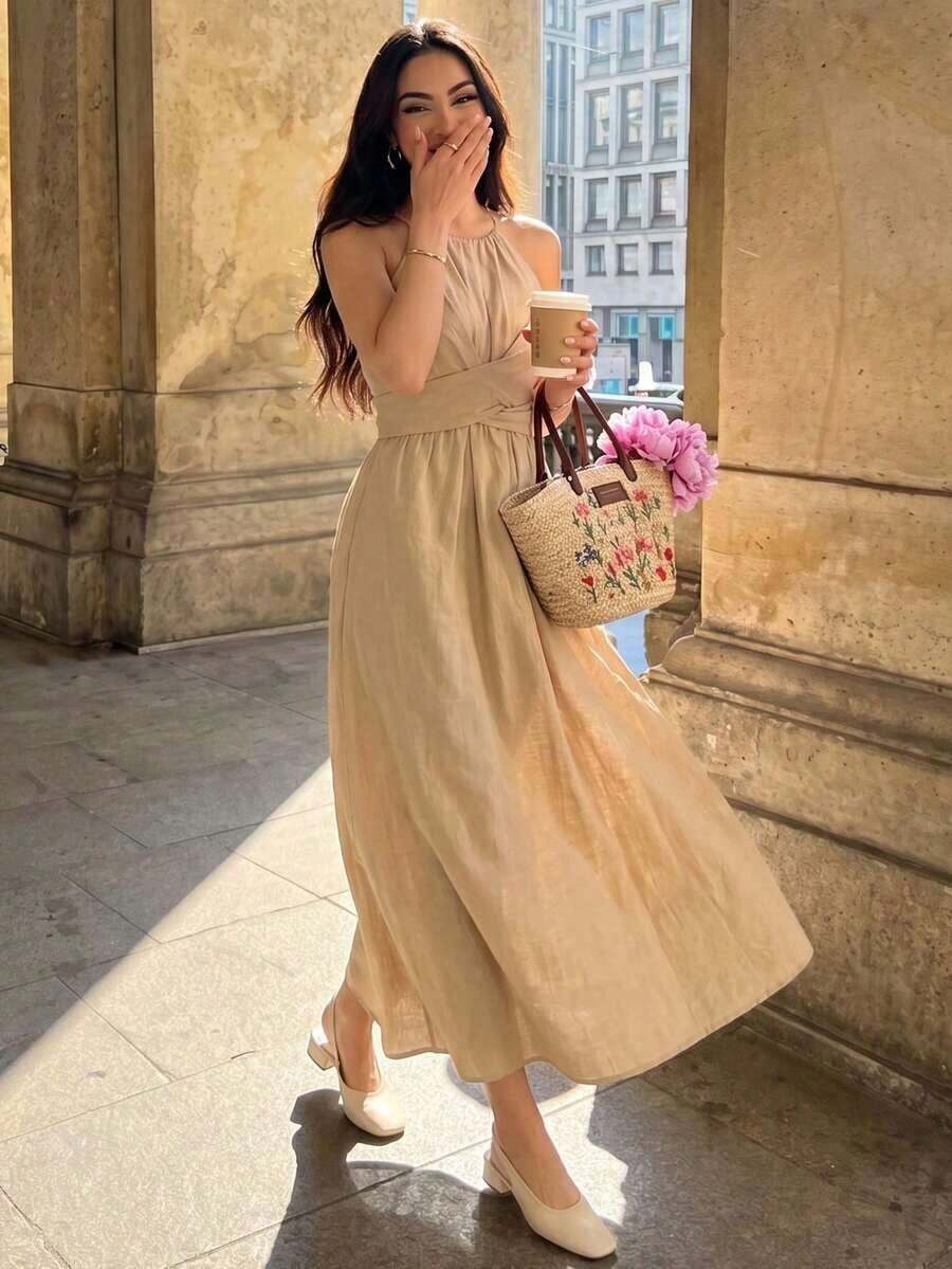 Vestido de línea A asimétrico con estampado, cuello halter, hombros abiertos y cintura retorcida, elegante para mujer, color negro y blanco, primavera/verano - Caqui 3 - Ver 1