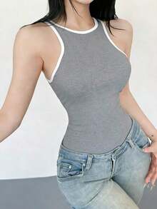 Body ajustado y sexy con ribete de color contrastante para mujer - Gris Claro - Ver 6