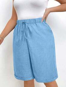 Pantalones cortos holgados de lino de talla grande para mujer, de unicolor, con bolsillo y lazo en la cintura, pantalones cortos anchos y de pierna ancha, pantalones cortos modestos para vacaciones y verano, color negro - Celeste - Ver 4