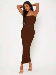 Vestido Sólido Estilo Tubo Para Cena O Citas Casuales - Marrón Chocolate - Ver 3