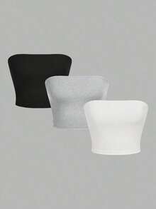 Set de 3 tops cortos ajustados de unicolor minimalista para mujer, apropiados para el verano - Multicolor 5 - Ver 8