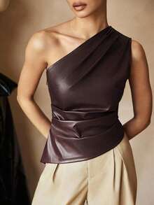 Top de mujer de un solo hombro de PU con plisados en la cintura color borgoña, top estilizador de la cintura para mujeres - Marrón 2 - Ver 4