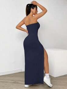 Vestido sin tirantes con abertura alta de unicolor para mujeres - Azul marino - Ver 2