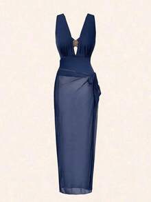 Traje de baño de una pieza elegante de talla grande con 3 piezas, decorado con hebilla de metal marrón, se puede usar por separado con atuendos, adecuado para fiestas y vacaciones - Azul marino - Ver 3