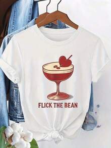 Camiseta de algodón de peso pesado, 1 pieza, ropa de otoño para mujer, temática de cócteles de café, patrón de vaso de cóctel rojo con cereza en forma de corazón de color y la palabra BEAN, cuello redondo deportivo informal, uso diario, ropa de invierno para amantes del café, ropa, camiseta de ajuste clásico suave para uso diario, 100% algodón. - Blanco - Ver 6