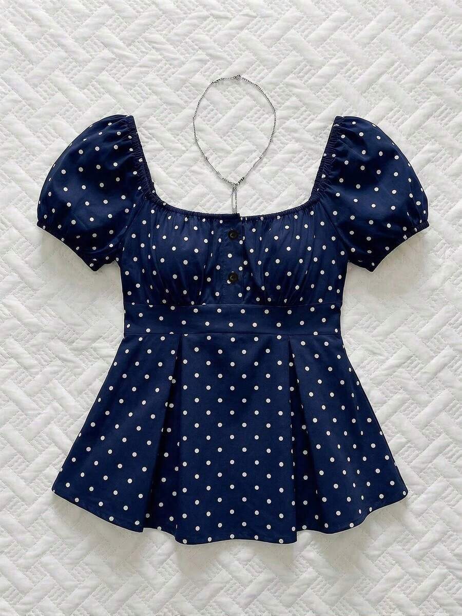 Sweetro Blusa de mujer con cuello en V, manga de pétalos y lunares blancos, estilo francés para primavera/verano - Azul marino - Ver 1