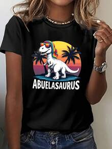 T-Shirt Featuring Abuelasaurus, A Granny Dinosaur With A Rainbow Bandana, Perfect For Casual Wear In Spring And Summer, Designed For Women. Women's Clothing - 黑色 - 查看 6