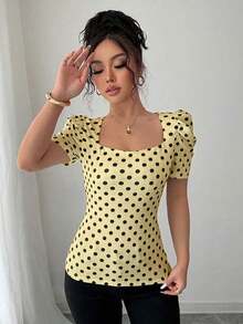 Camiseta casual de mujer, elegante y sexy, de manga corta, cuello joya, mangas abullonadas, puños fruncidos, estampado de lunares blancos y negros, silueta ajustada, adecuada para vacaciones - Multicolor 4 - Ver 7
