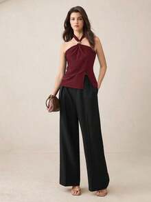 Top con cuello de halter, diseño de botón de metal verde, abertura lateral, elegante y chic para uso urbano y diario, estilo romántico retro de los 90.Adecuado para Navidad, Año Nuevo, San Valentín, fiestas, playa, graduación, moda, carnaval, bod - Burdeos - Ver 5