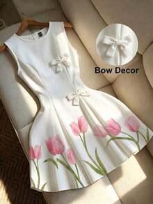 Vestido de línea A con cintura ceñida, decorado con lazo, a rayas azul y blanco, adecuado para la escuela, picnic de fin de semana, salida casual con amigos, de estilo fresco y dulce - Multicolor - Ver 1