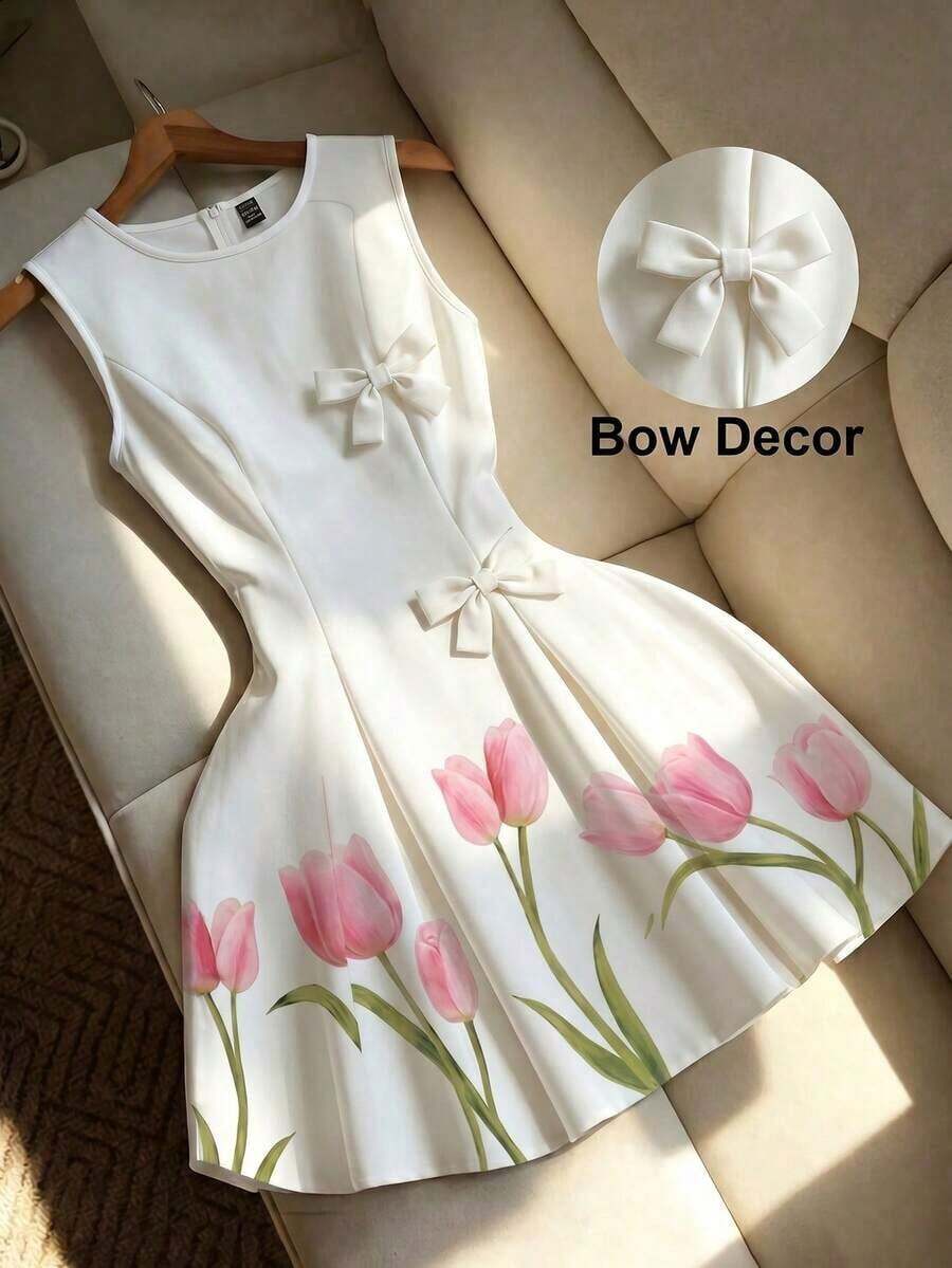 Vestido de línea A con cintura ceñida, decorado con lazo, a rayas azul y blanco, adecuado para la escuela, picnic de fin de semana, salida casual con amigos, de estilo fresco y dulce - Multicolor - Ver 1
