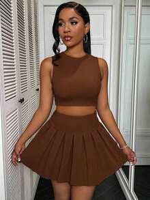 2 piezas Conjunto para mujer con top de tirantes con corazón calado y falda plisada - Marrón - Ver 3