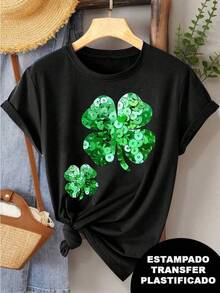 New 2026 Playera con diseño de trébol verde, con estilo de lentejuela pero es estampado, casual, moderno, cuello redondo, manga corta, ideal para todos los días, llamativa, holgada, a la moda, ideal para tí. - Negro - Ver 6