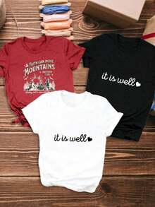 Fashion Item: Women's 3 Styles Casual Short Sleeve T-Shirt With Prints Of "Faith Can Move Mountains", "All Is Okay", "All Is In Order", Round Neck Short Sleeve T-Shirt For Women, Pure Cotton Breathable Casual Sports Top, Holiday Gift, Spring Butterfly, Easter, Women's T-Shirt. - 白色 - 查看 6