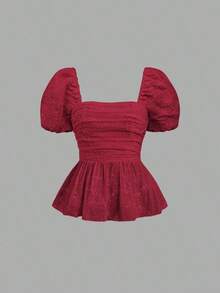 Blusa de mujer de manga corta con volantes, bordado floral romántico estilo francés, para primavera/verano - Burdeos - Ver 1