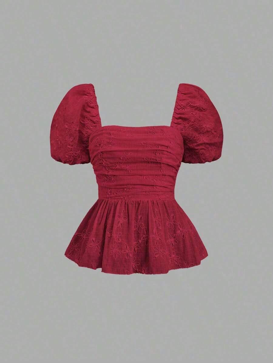 Blusa de mujer de manga corta con volantes, bordado floral romántico estilo francés, para primavera/verano - Burdeos - Ver 1