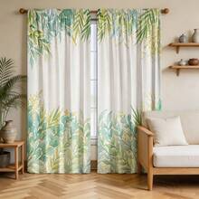 2PCS Green Leaf Pattern Printed Curtains With Rod Pocket Design, Providing Privacy And Light Filtration. Suitable For Decorating Bedrooms, Living Rooms, Offices, And Home Decor. Rod Pocket Design Allows For Easy Installation On Rods,Suitable For All Seasons, Protecting Privacy - Multicolor - View 1