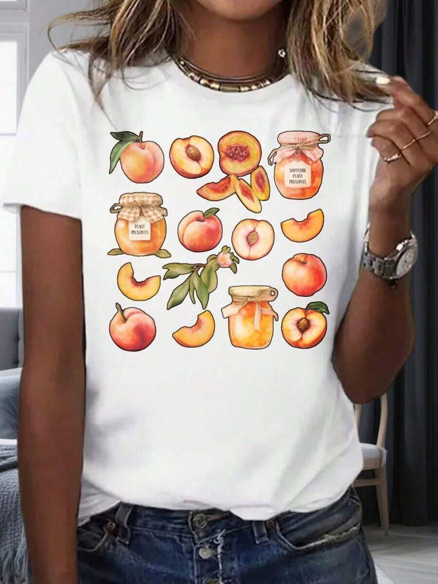Women's Casual T-Shirt With Fresh Peach And Peach Jam Print, Summer Casual Top With Fruit Print, 220g, 100% Cotton, Durable - 白色 - 查看 1