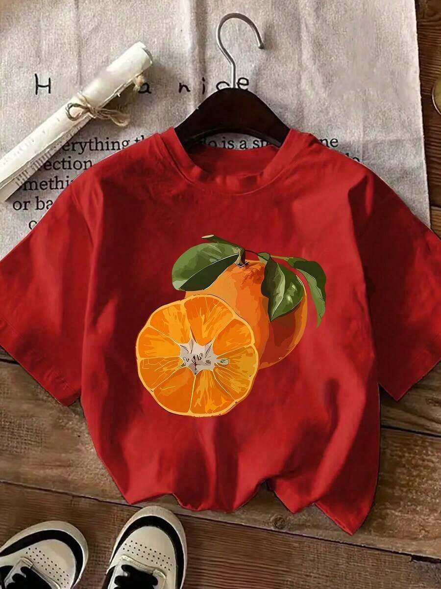 Casual T-Shirt With Orange Fruit Print, Plus Size, Women's Fashion, Round Neck, Short Sleeve. Long-Sleeved T-Shirt, Ideal For Spring, Casual Tops, Basic T-Shirt, Unisex, For Couples, For Men And Women, 100% Cotton, Durable. - 紅色 - 查看 1