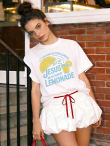 Women's Summer Clothing, Soft And Casual Cotton T-Shirt With Round Neck, Lemon Print With The Phrase "LIFE GAVE ME SOME LEMONS BUT MY JESUS HE BE MAKIN' LEMONADE". Black Color. - 白色 - 查看 3