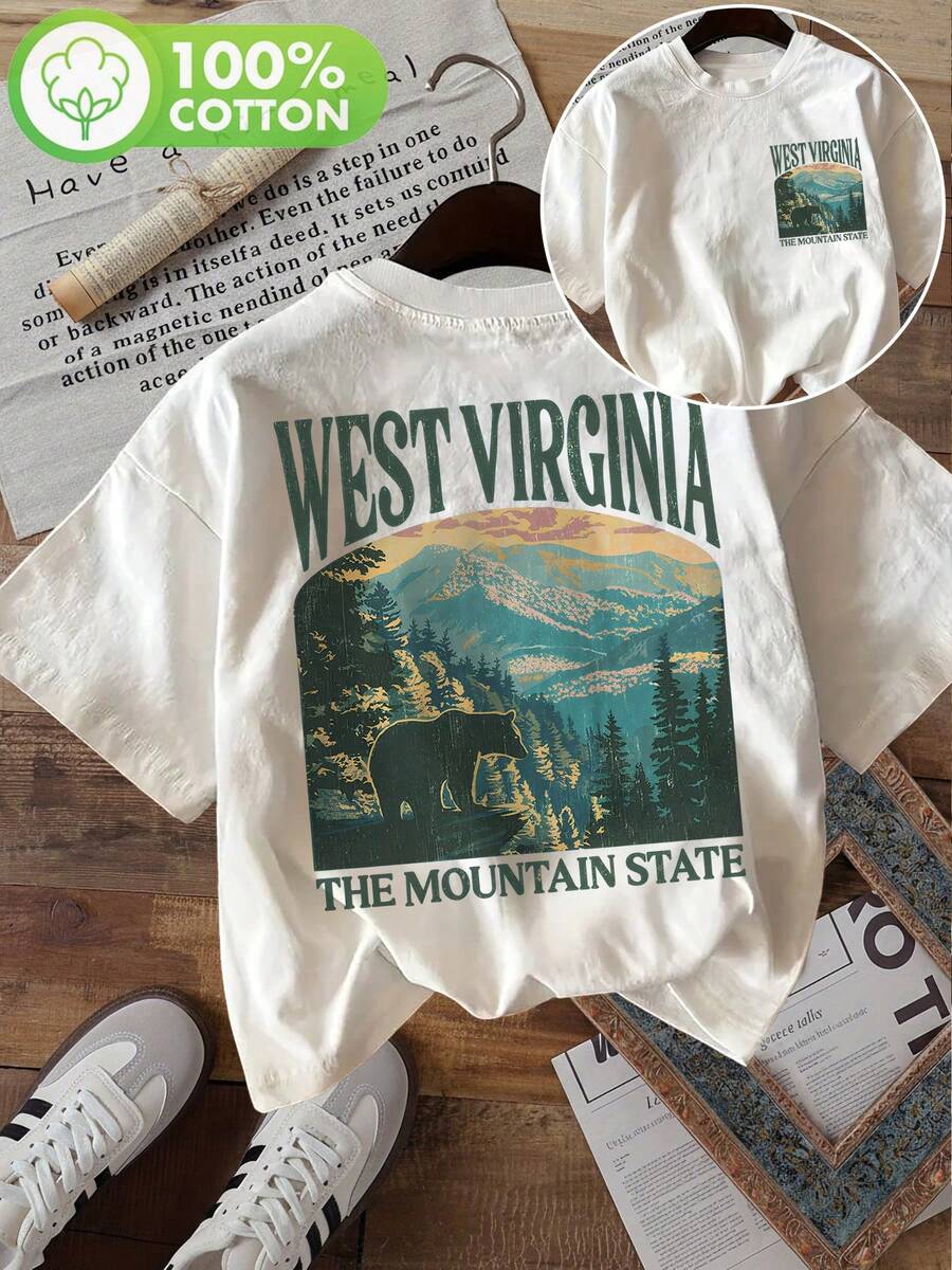 [Double-Sided Printing] Summer Casual Women's Tops Retro Style Mountain Range Bear WEST VIRGINIA THE MOUNTAIN Printed Round-Neck Pure Cotton Short-Sleeve T-Shirt [Ling K] 2026 Y2k Clothes Women,Summer Outfits For Women,Vacation Outfits Women,Dresses For Women Summer, Y2k Clothes Women,Summer Outfits For Women,Vacation Outfits Women,Dresses For Women Summer, - trắng - Xem 1