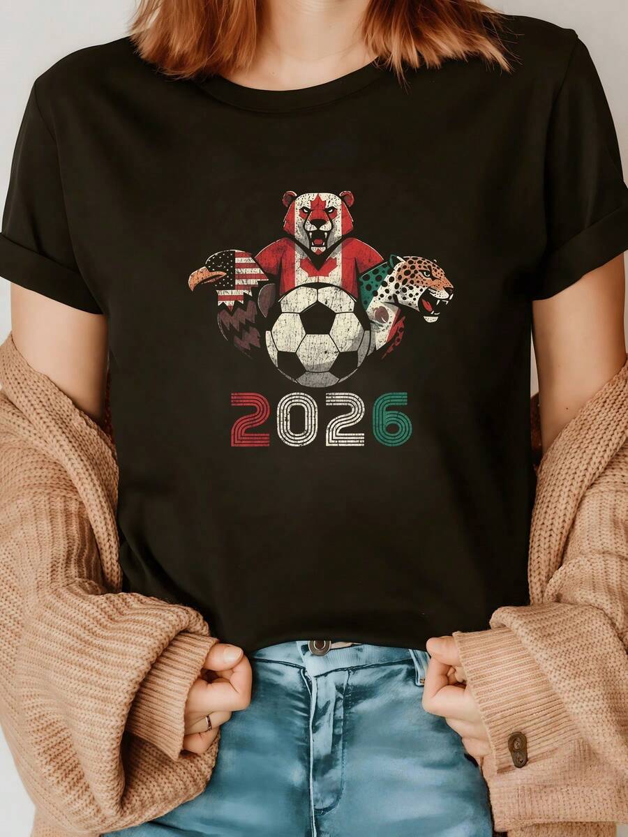 A Powerful Symbol Of Sporting Unity Featuring A Bear, Eagle, And Surrounding A Ball, Representing North American Passion And The Strength Of Soccer. 2026 Women's Casual Modern Comfortable Jersey - 黑色 - 查看 1