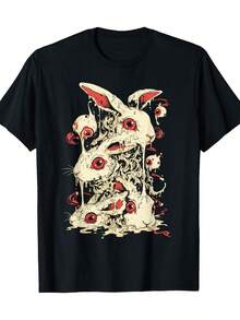 Gothic T-Shirt With A Terrifying Rabbit, Adorable And Spooky - 180g 100% Cotton - Black - View 1