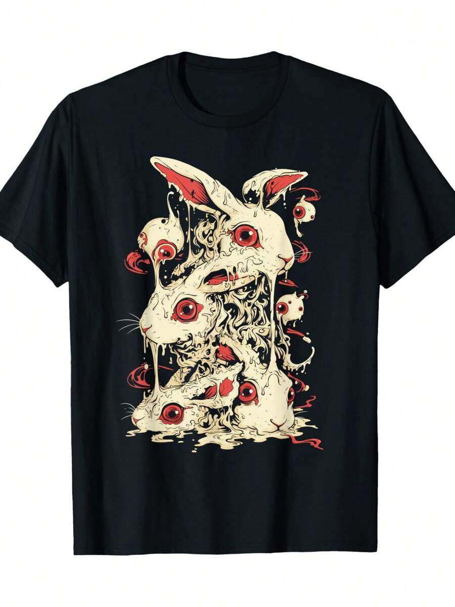 Gothic T-Shirt With A Terrifying Rabbit, Adorable And Spooky - 180g 100% Cotton - Black - View 1