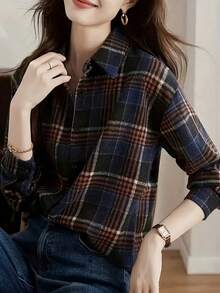 Áo sơ mi dài tay kẻ caro cài nút phía trước phong cách retro dành cho nữ, thích hợp mặc vào mùa thu - Màu xanh lam - Xem 3