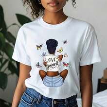 Women's T-Shirt With Butterfly Print "Love Yourself", Short Sleeve, Urban Chic Style, Casual, For All Seasons, Loose Fit T-Shirt 2026, Elegant, New Spring Summer Style, Ideal Gift For National Day, Christmas, Halloween. - 白色 - 查看 3