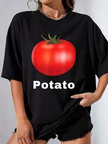 Women's Sets Funny Tomatoes And Potatoes Women's T-Shirt 100% Polyester Plus Size Casual Funny Graphic Print Short Sleeve 1 Piece Crew Neck Novelty Women's T-Shirts - 黑色 - 查看 1