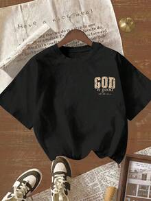 New 2026 Collection: Women's Cotton T-Shirt, Casual Summer Style With Round Neck - Floral Print Blouse With 'God Is So Lovely' Lettering, For Casual Outfits, Church Wear And Informal Wear, Machine Washable, Crew Neck T-Shirt - 黑色 - 查看 10