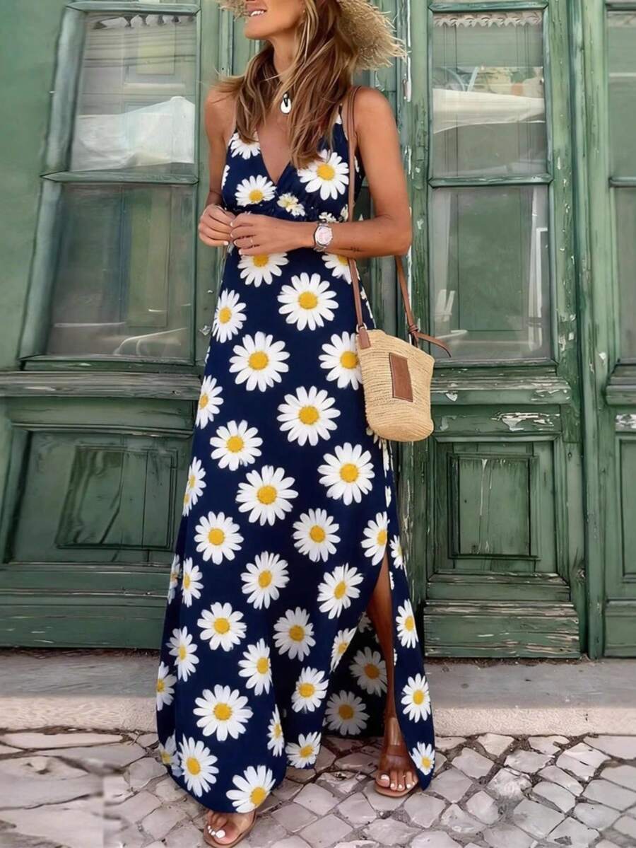 Women's Blue Dress With White Zigzag Print, Deep V-Neck, Thin Straps With Ruffles At The Shoulders, Long Skirt With Side Slit, Light And Flowing Fabric Ideal For Summer, Boho Beach Style Perfect For Vacations, Beach Parties And Trips To The Caribbean - 藏蓝色 - 查看 1